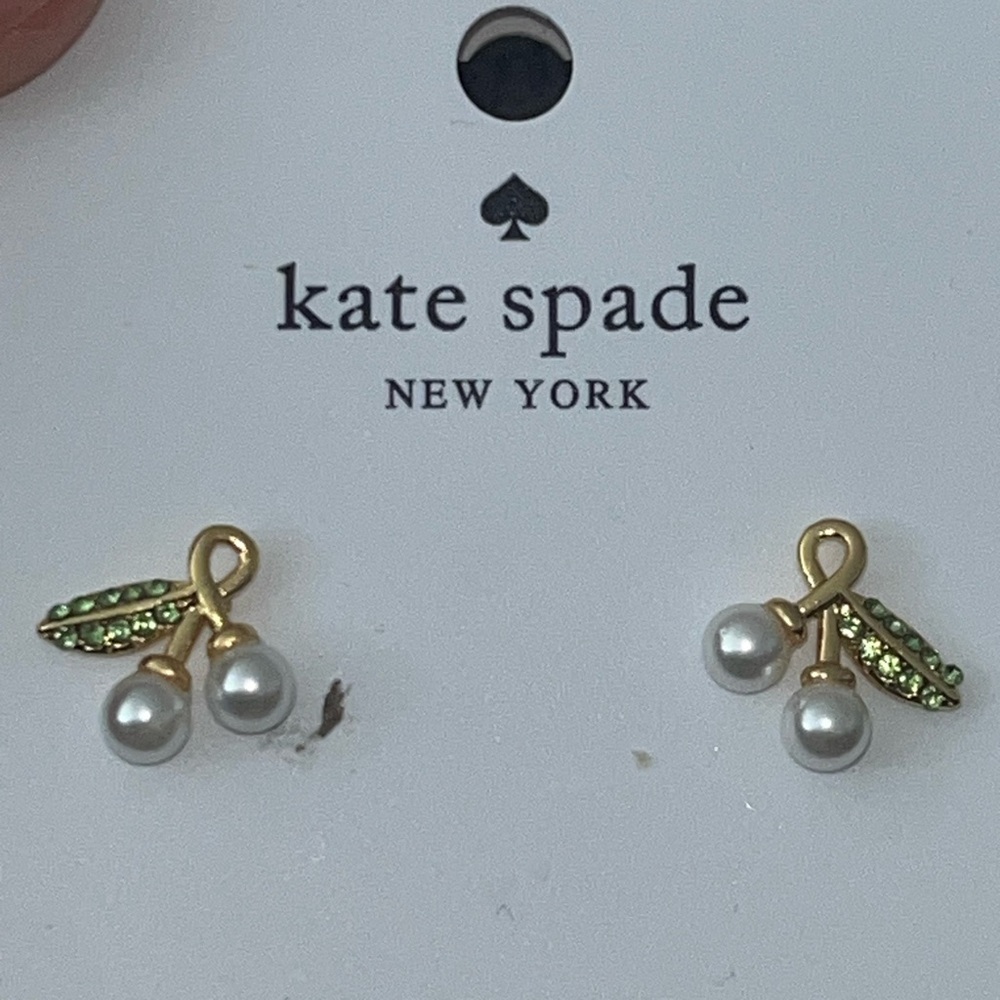 New Kate Spade Cherie Gold-Tone Pavé & Imitation Pearl Cherry Stud Earrings - Picture 2 of 4